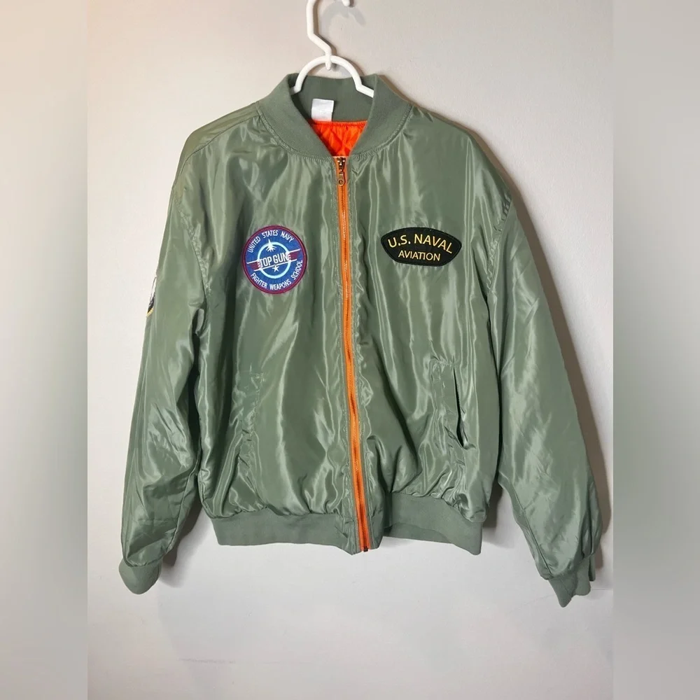 Navy Bomber men’s top gun fighter pilot patch jacket satin green size large